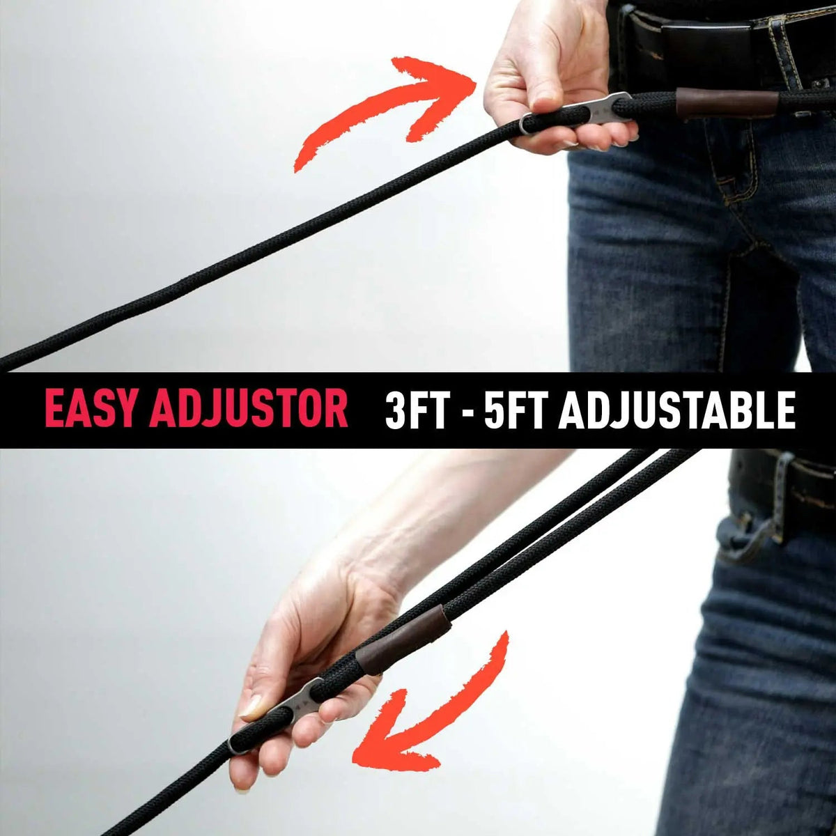 Adjustable dog leash with black strap shown being extended by hand.