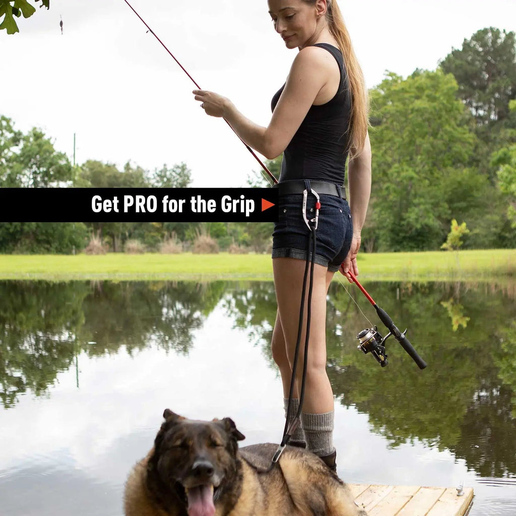 Dog leash set with hands-free belt and leash, red accents