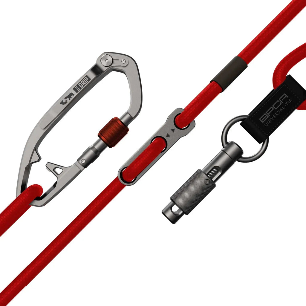 Red dog leash set with grey hardware, padded red grip, and snap hook