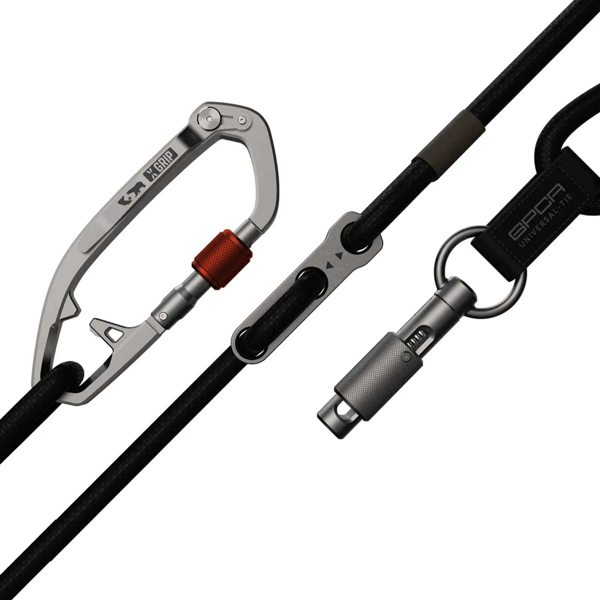 Dog leash set with gray metal clip and black strap, red accent adjuster.