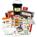Office emergency kit bucket with survival kit label, emergency tarp, and packaged essentials
