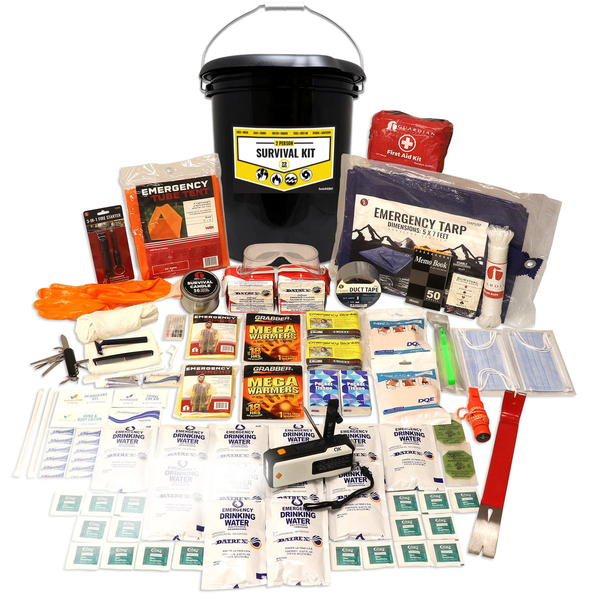 Office emergency kit bucket with survival kit label, emergency tarp, and packaged essentials