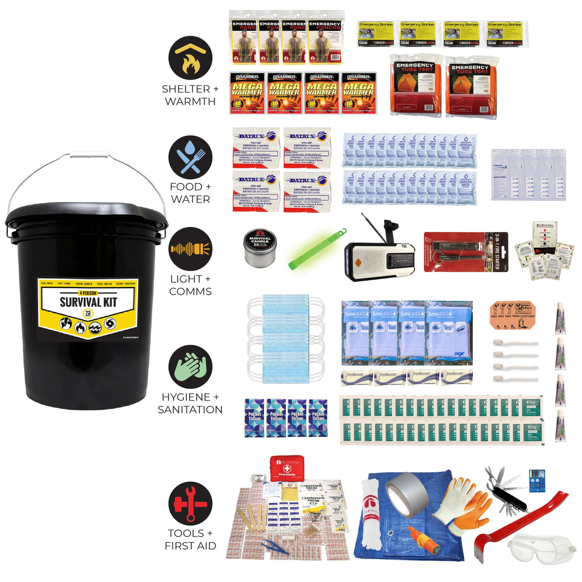 Office emergency kit bucket plus organized components, including light, communications, and first aid