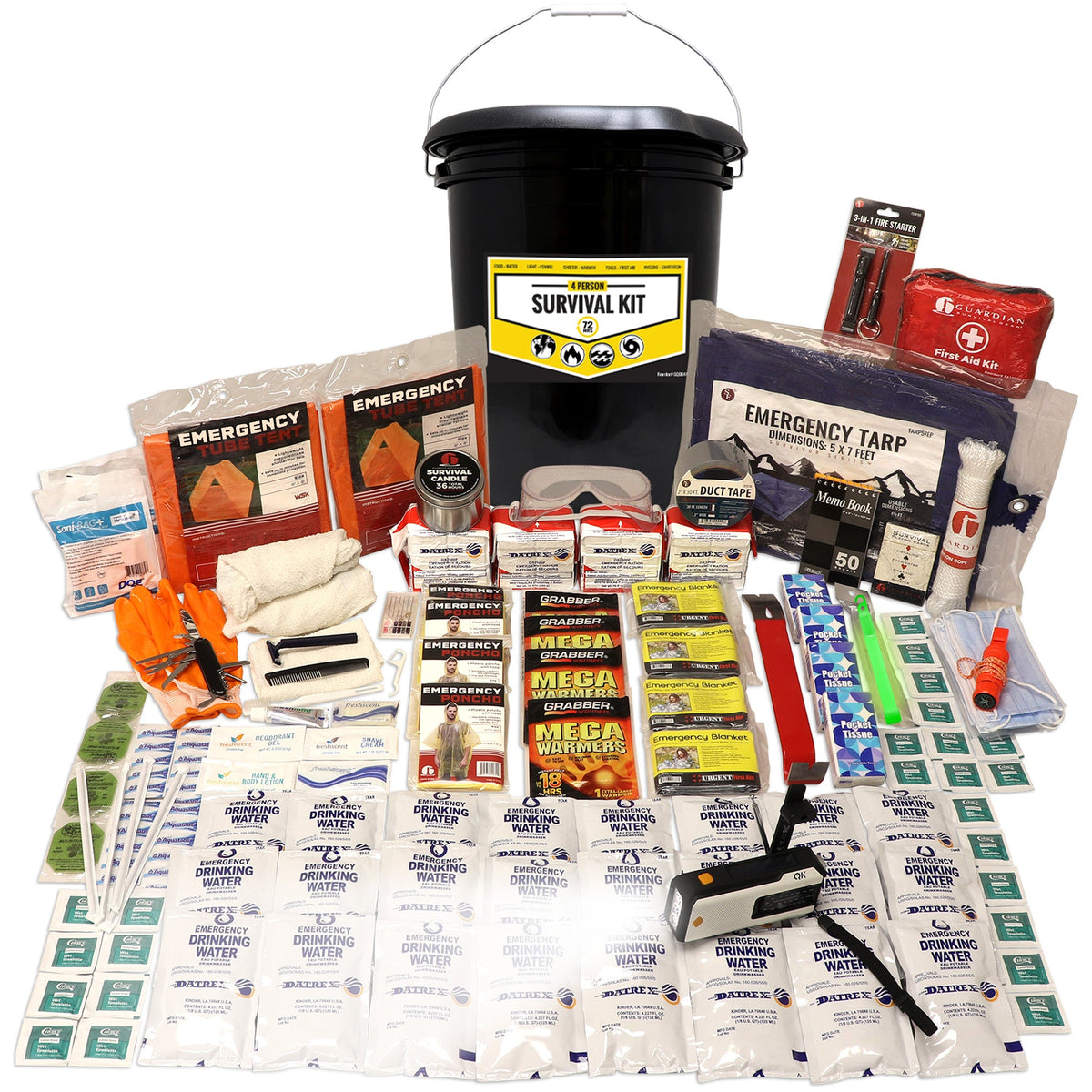 Office emergency kit bucket with emergency tarp, first-aid gear, and multiple water packets
