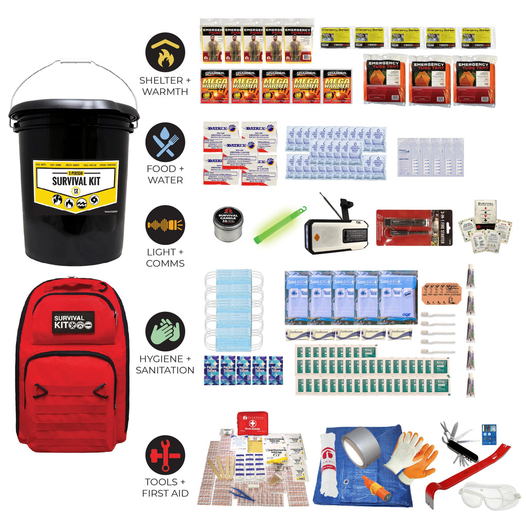 Emergency kit bundle with black bucket, red backpack, and contents shown in labeled categories