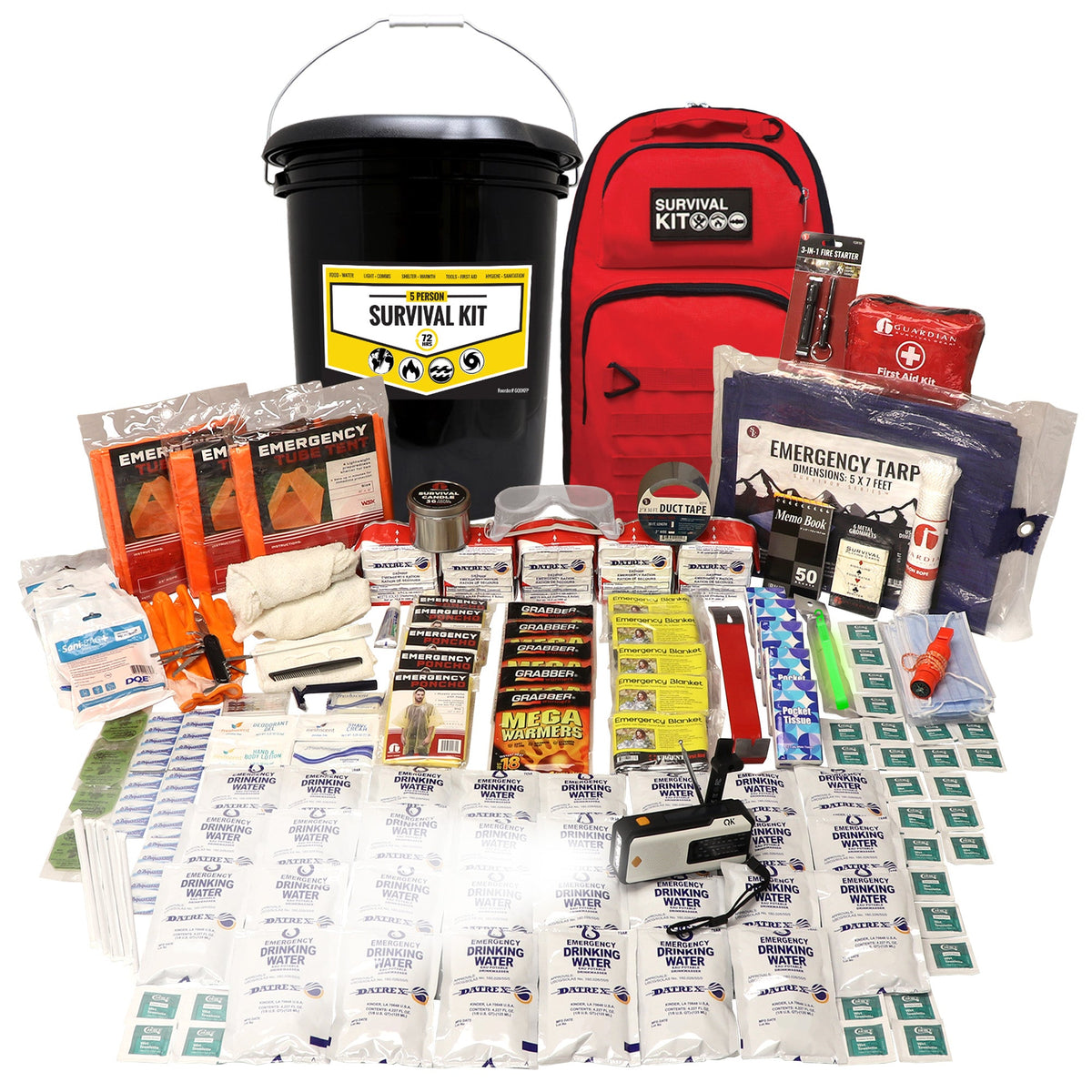 Emergency kit set featuring black bucket, red backpack, and emergency tarp with first-aid items