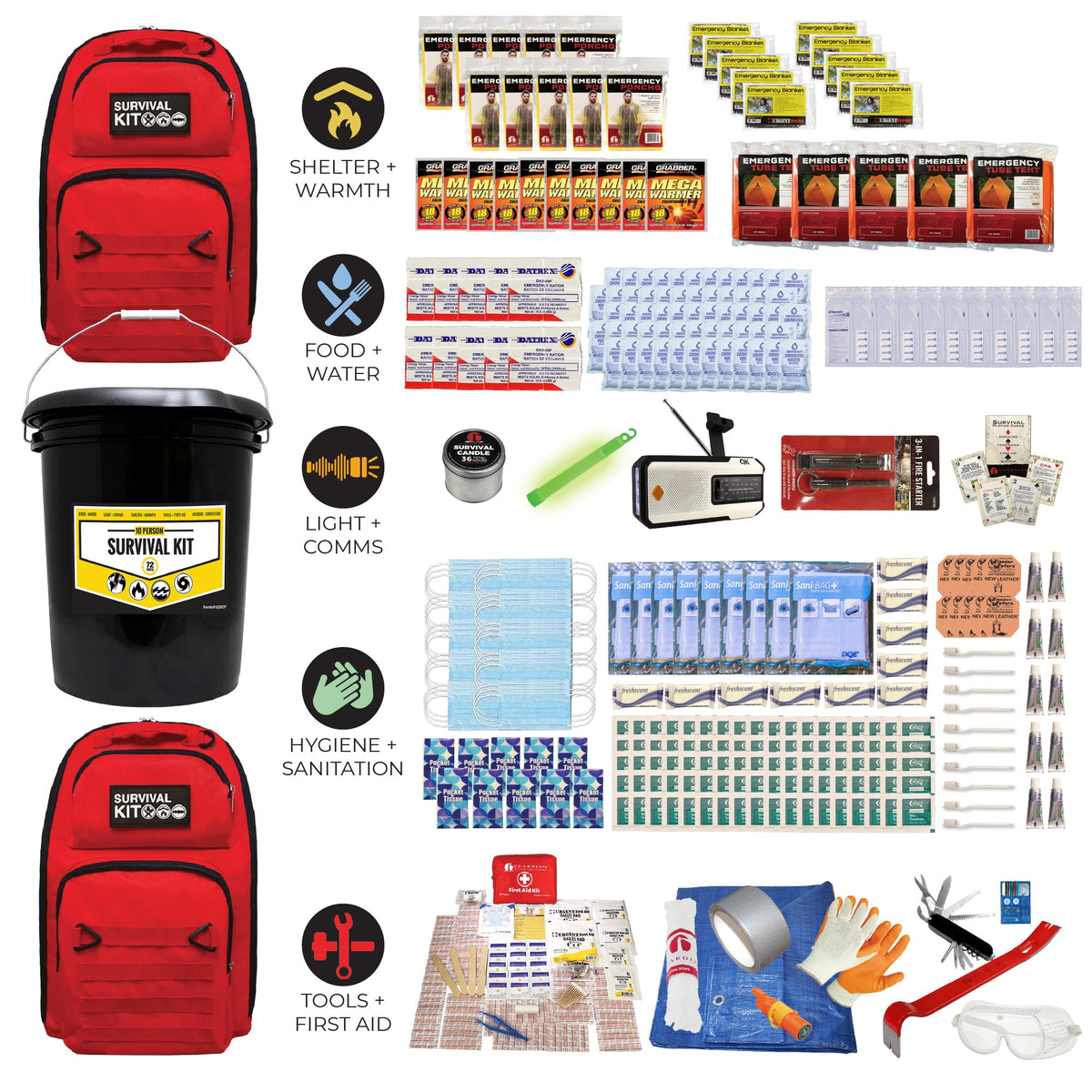 Emergency kit bundle with black bucket and two red pouches, plus organized survival supplies