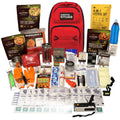 Red survival emergency kit with backpack, food packs, first-aid supplies, utensils, and water bottle