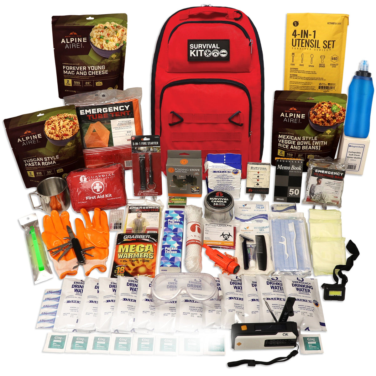 Red survival emergency kit with backpack, food packs, first-aid supplies, utensils, and water bottle