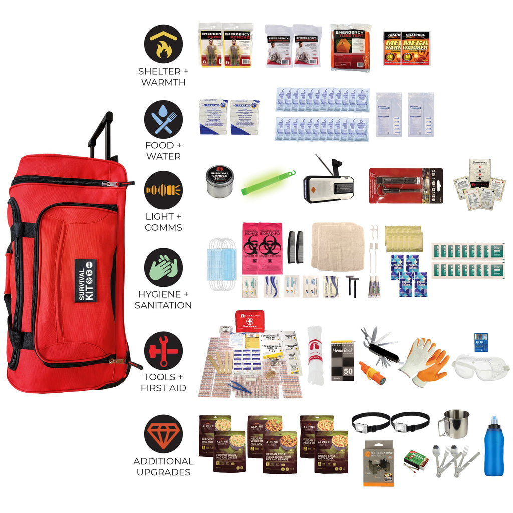Red survival kit backpack with accessories: food and water packs, hygiene items, light, first aid