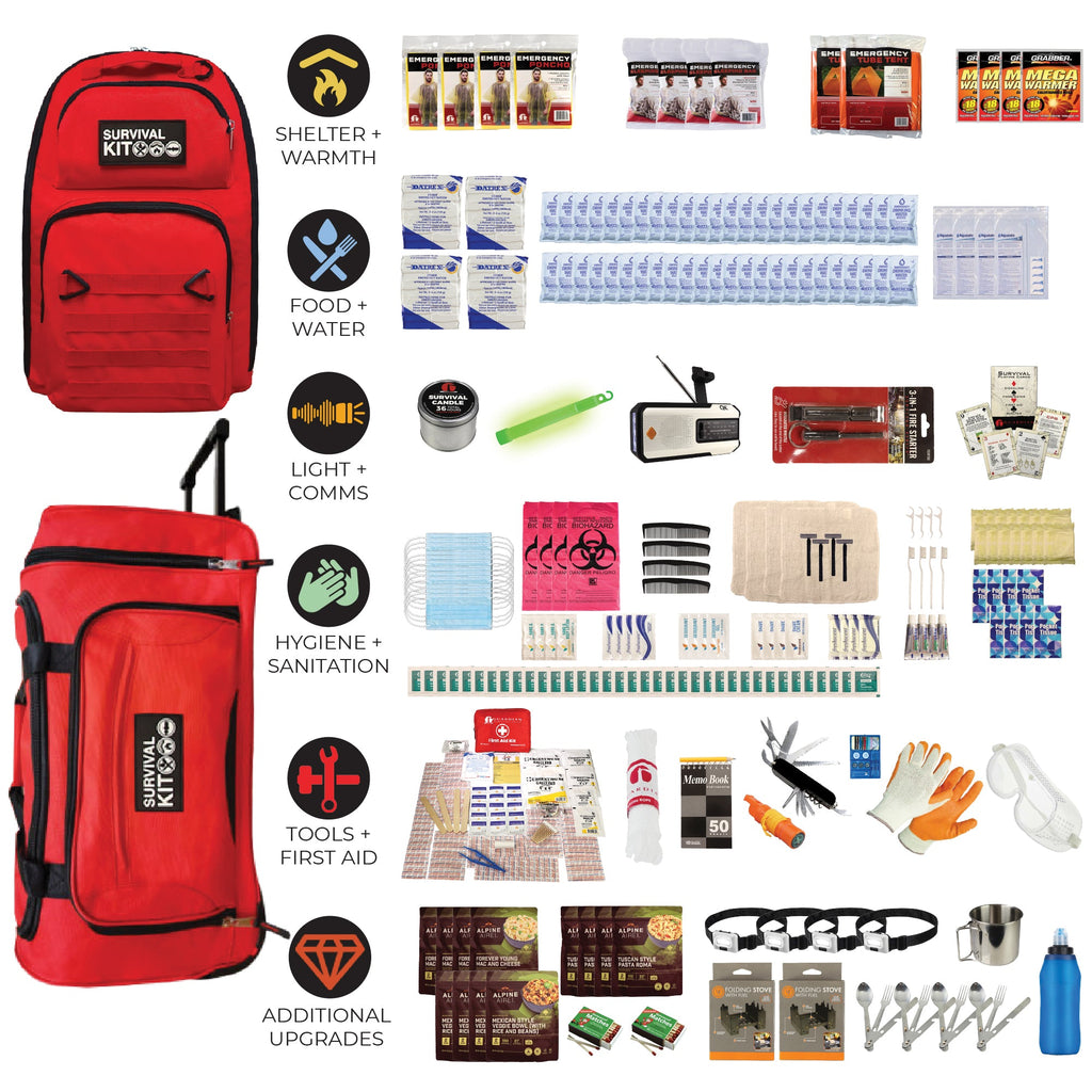 Red emergency backpack set with survival pouches, water filter and first-aid supplies