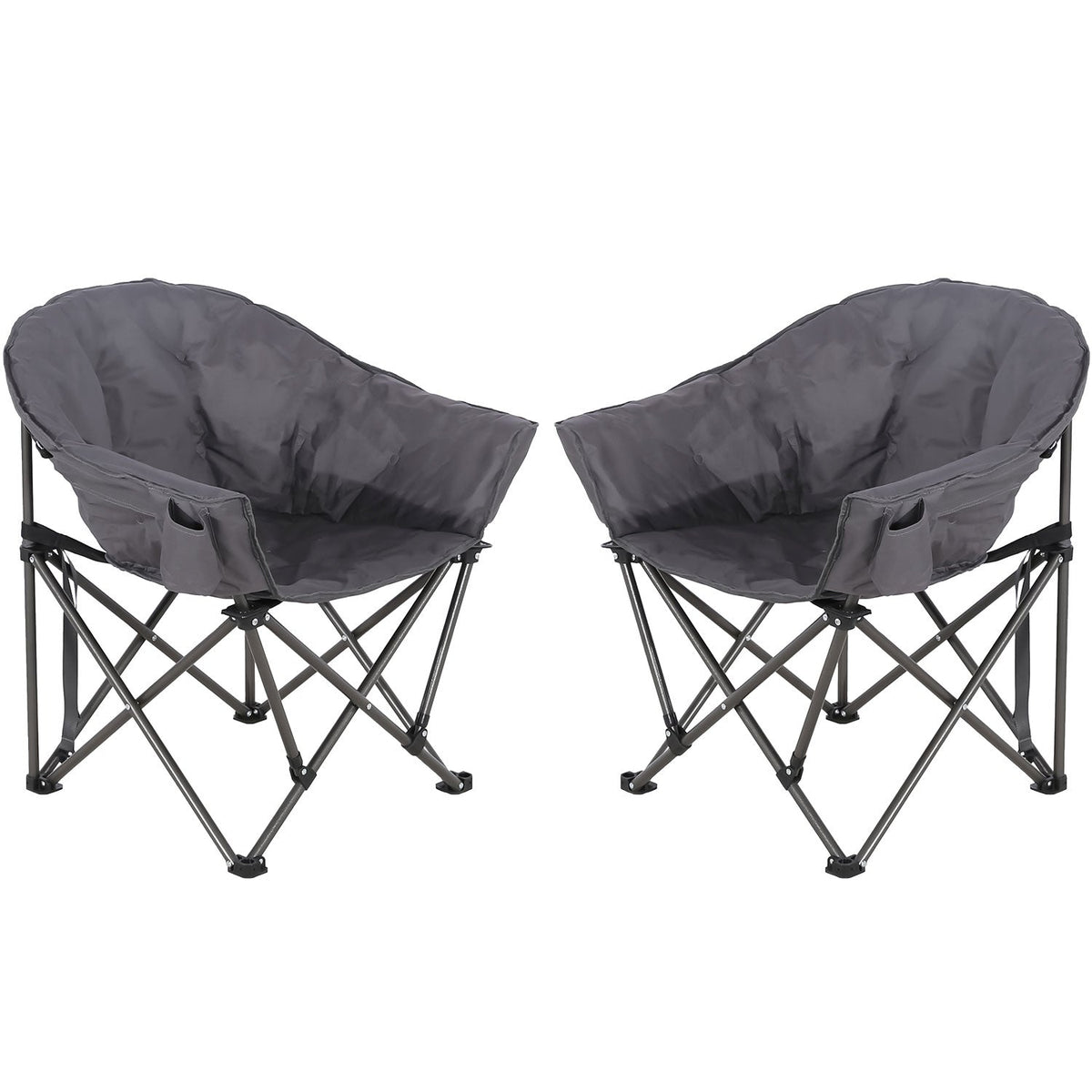 Dark gray folding camping chair set with fabric seat and cup-holder pocket