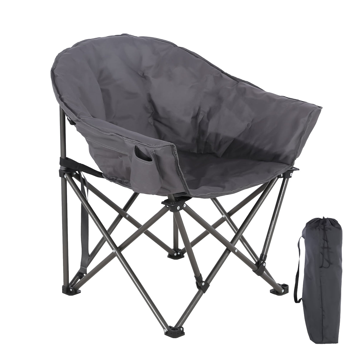 Dark folding camping chair with side pocket and included storage carry bag