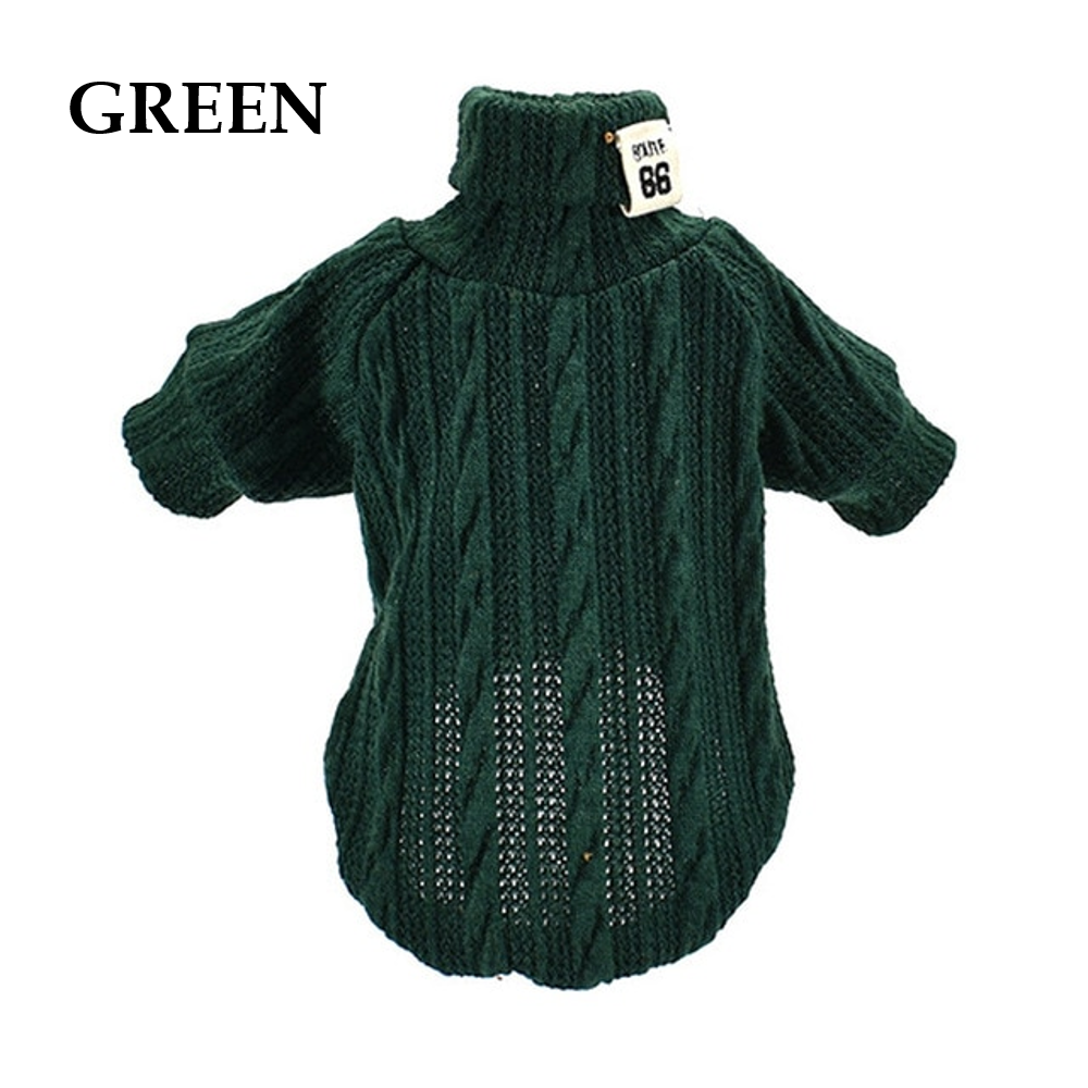 Green knitted turtleneck sweater for small dogs and cats with ribbed texture