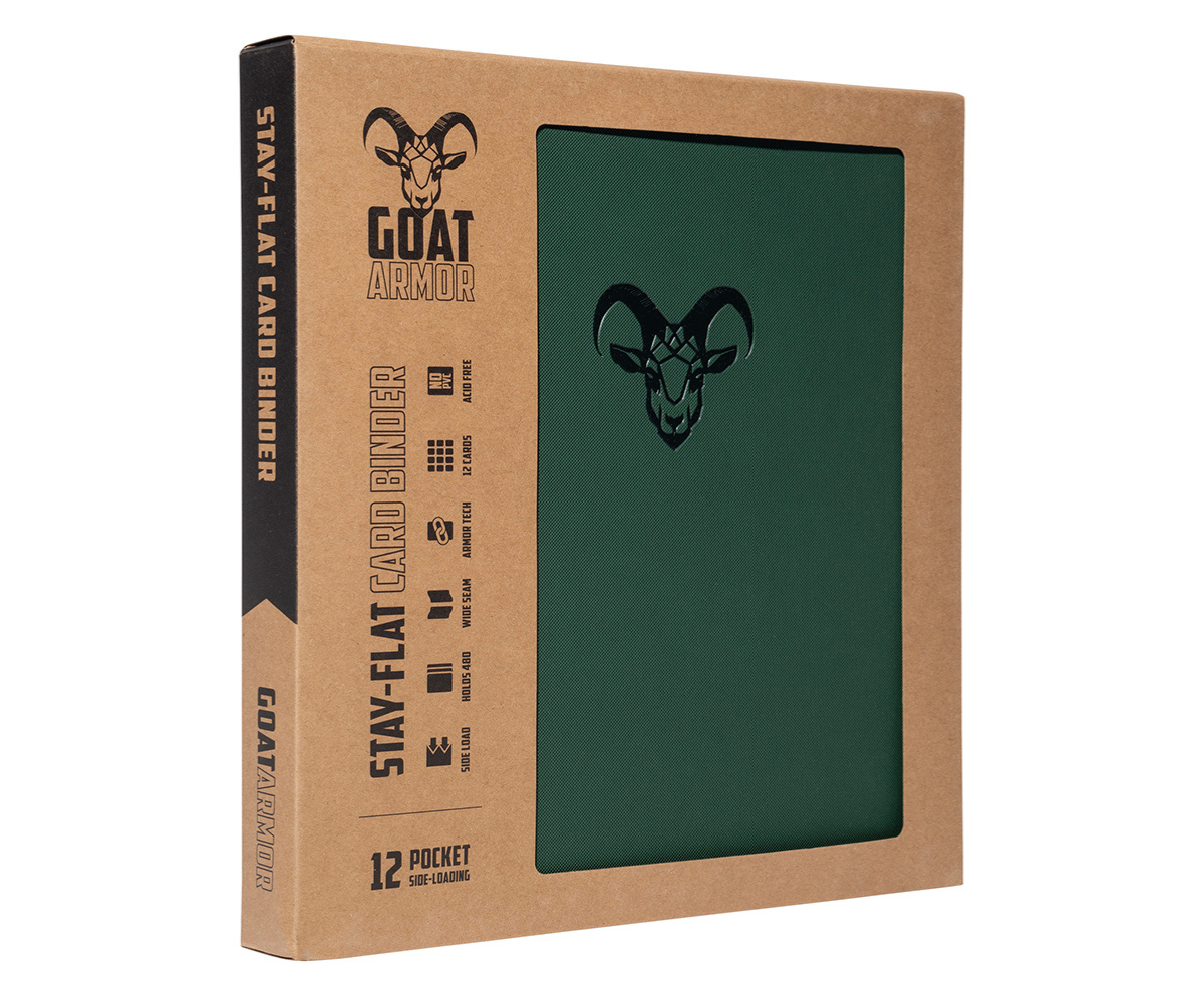 Card binder in box with dark green front panel and goat head emblem