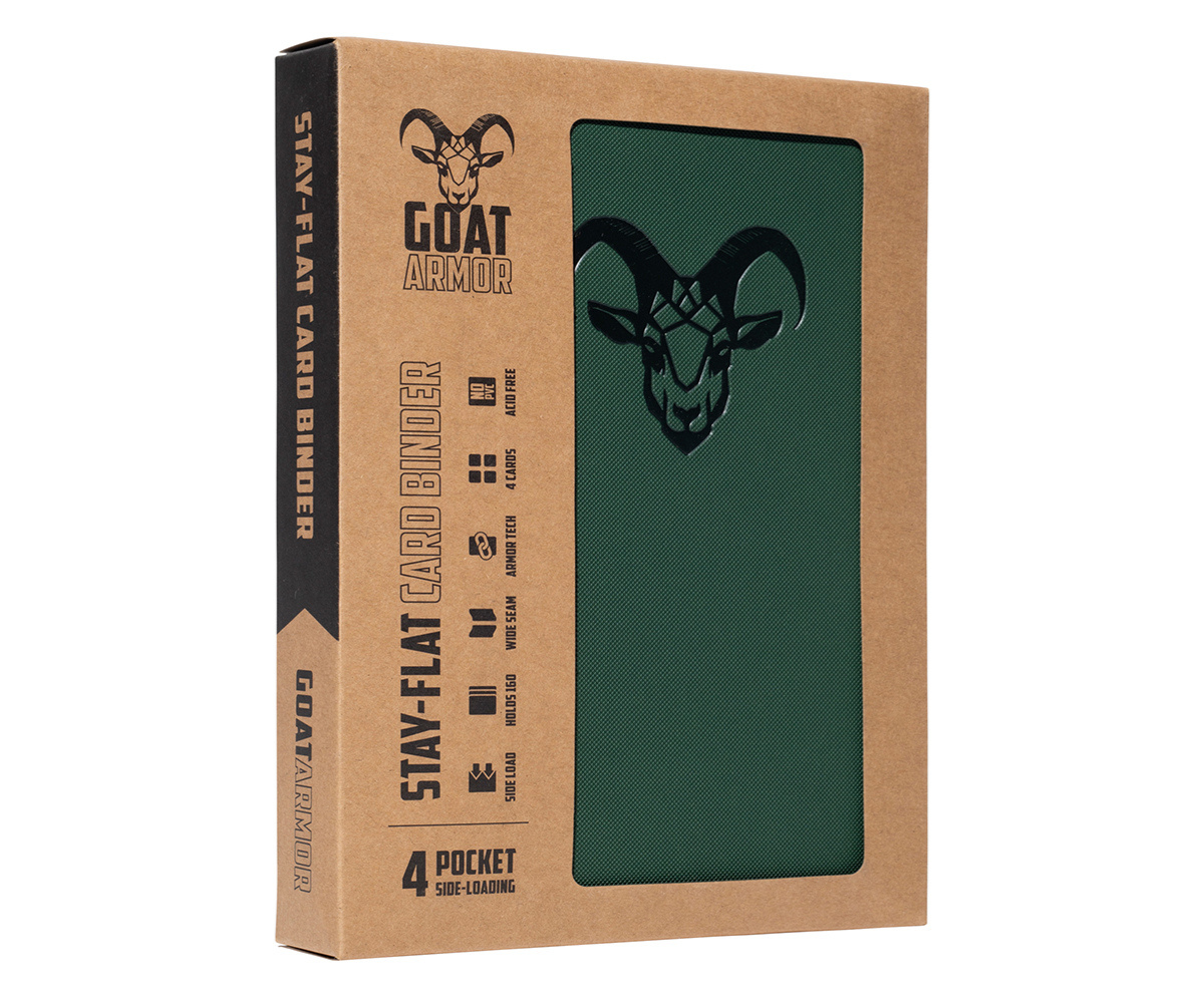 Stay Flat card binder, dark green front panel with goat icon and slide-on style
