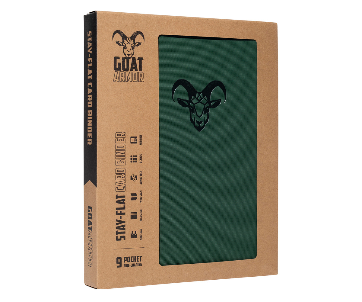Stay Flat card binder, deep green front panel with goat icon and slide-on style