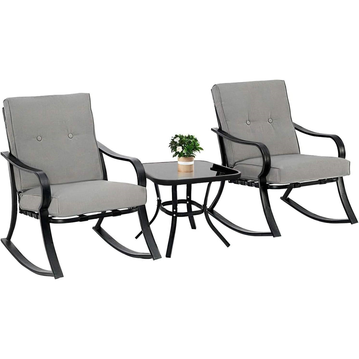 Rocking chair patio set with two grey-cushioned chairs and a black square side table