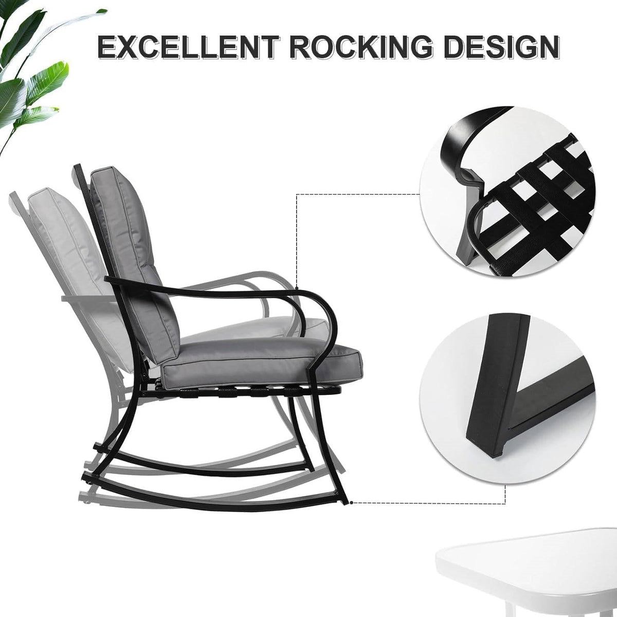 Grey-cushioned rocking chair with black armrests and curved rocking base