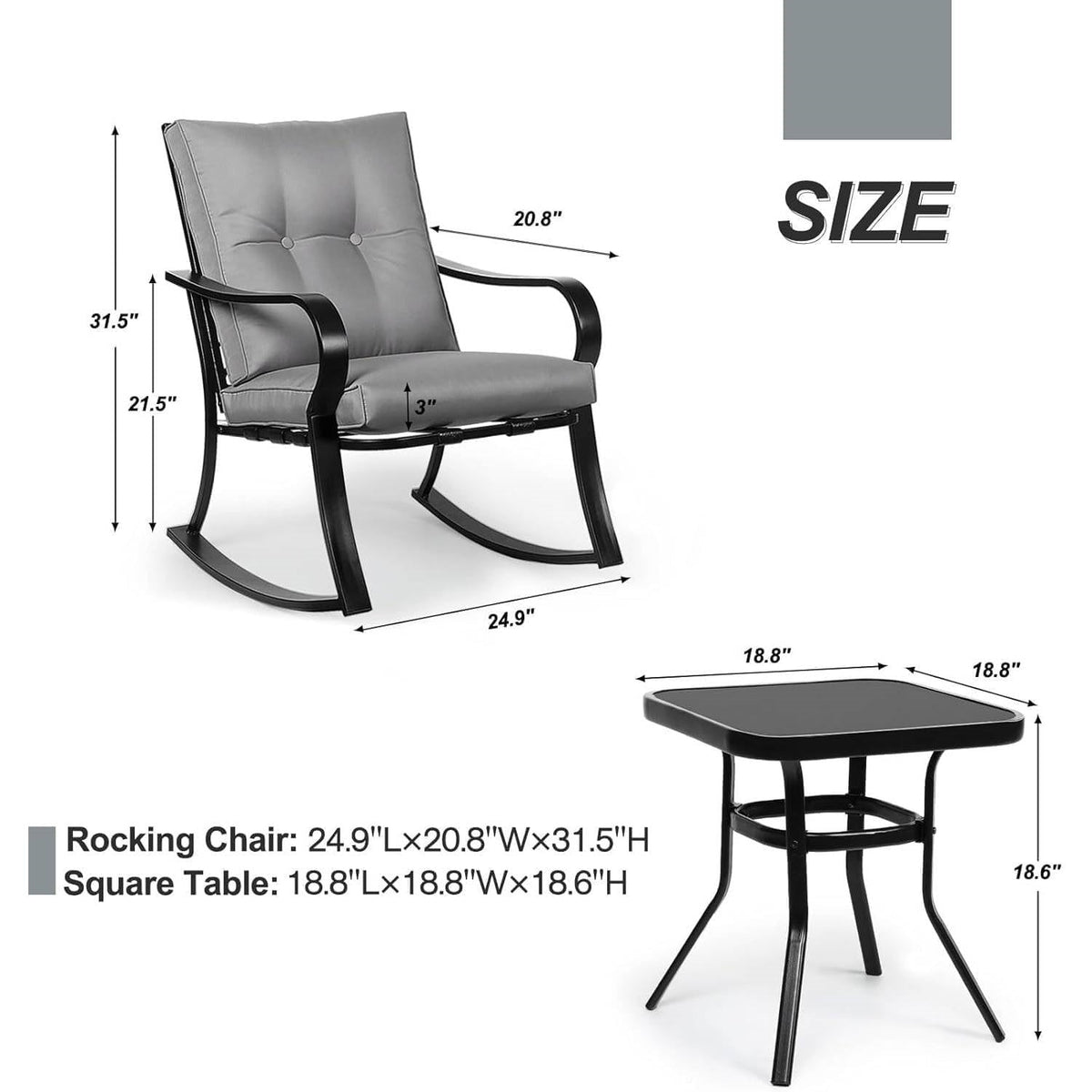 Rocking chair and black square side table with grey seat cushion