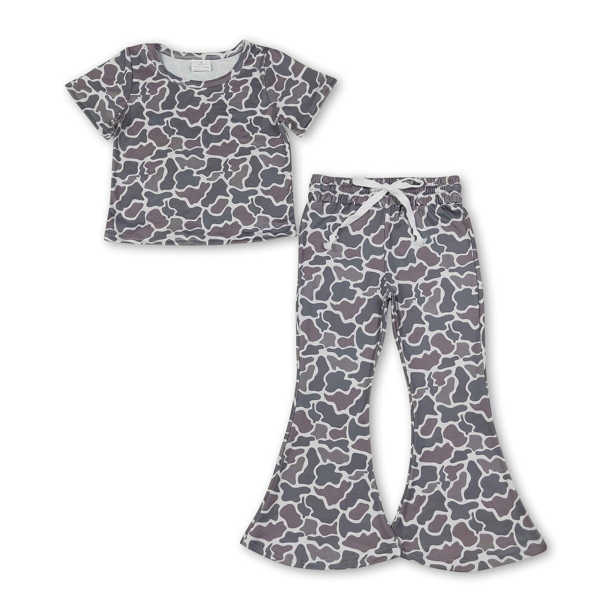 Kids camo two-piece outfit: short-sleeve top and bell-bottom pants, dark grey print