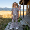 Kids girls camo short-sleeve top and flared pants set, dark grey with light pattern