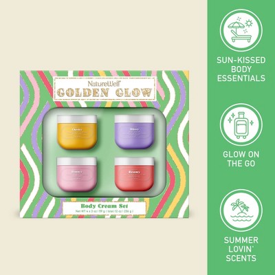 Golden Glow body cream set box with four scented tubs and glow-themed icons