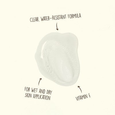 Clear sunscreen lotion smear graphic with Vitamin E and water-resistant callouts