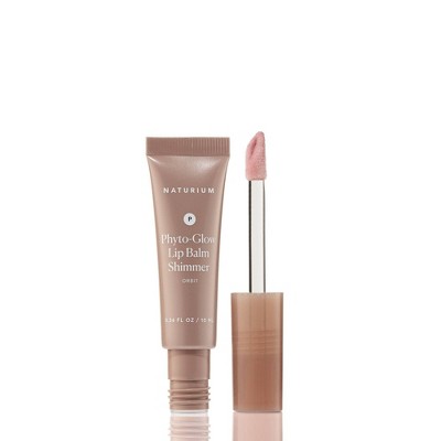 Shimmer lip balm tube with applicator wand showing rose-pink glittery gloss