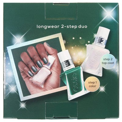 Two-step gel nail polish duo gift box with green color and metallic top coat