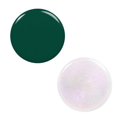 Bottle caps showing deep green and pale pearly lilac gel polish colors