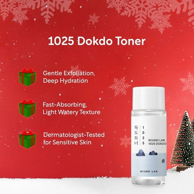 Round Lab Dokdo toner bottle, clear plastic with white cap and blue label