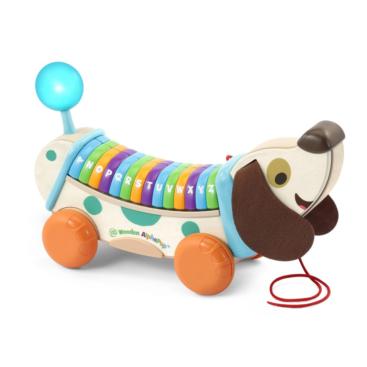 Wooden AlphaPup pull-along toy with rainbow letter rollers and pull cord, orange wheels