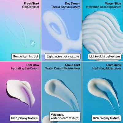 Skincare gel texture swatches in squeeze bottles, with smooth and whipped cream textures