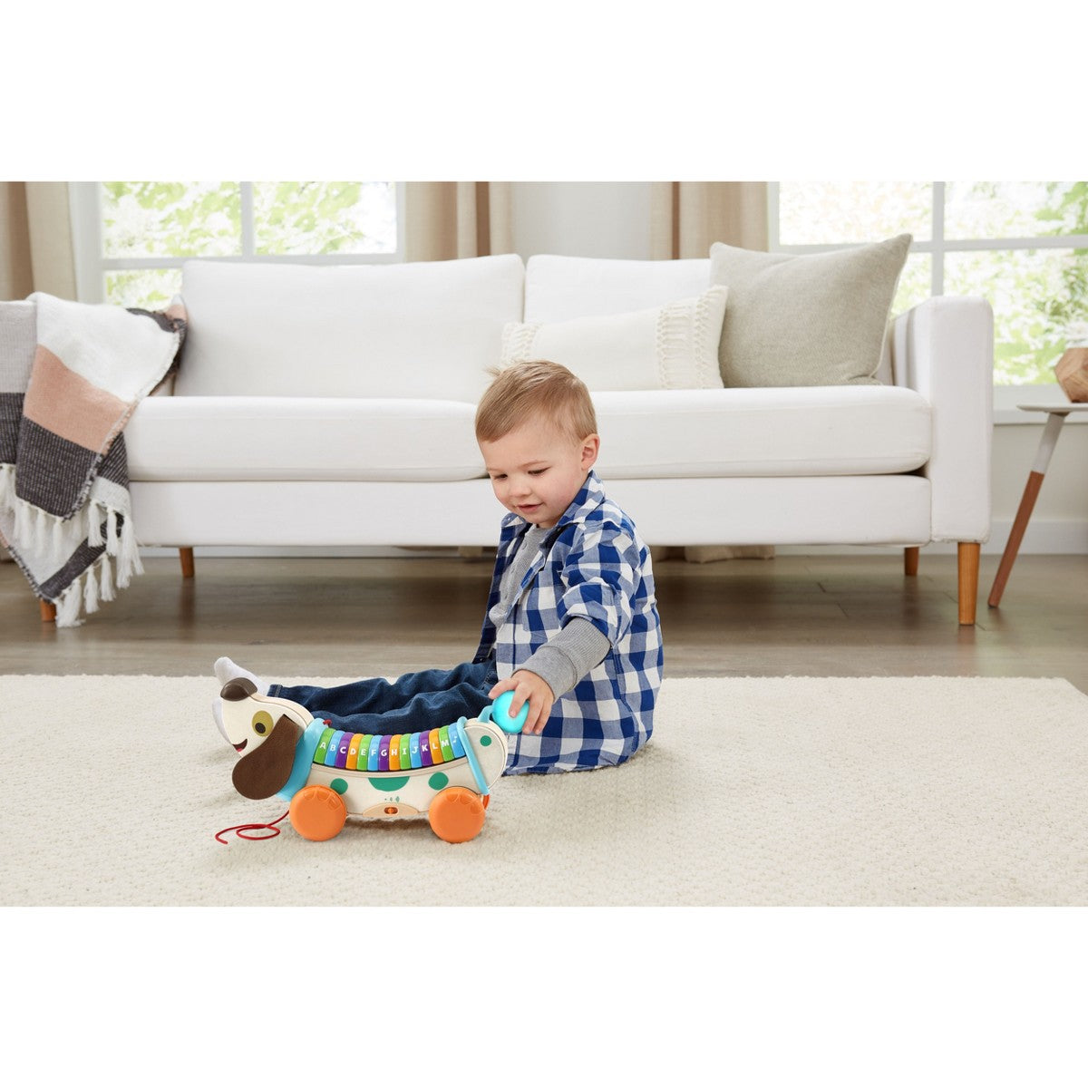 Wooden AlphaPup pull-along toy with rainbow rollers, orange wheels, and pull cord