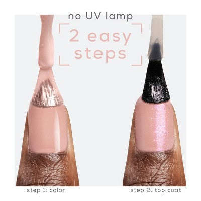 Two-step gel nails showing glittery top coat over pink-toned base coat