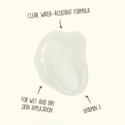 Clear sunscreen lotion smear graphic with water-resistant formula and Vitamin E text