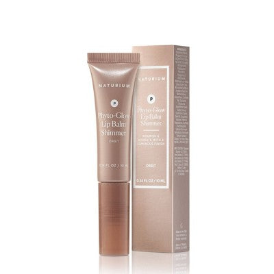 Shimmer lip balm with outer cardboard box, bronze tube and product labeling