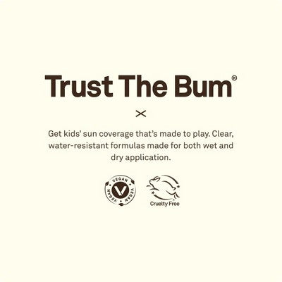 Kids sunscreen brand graphic with clear water-resistant coverage text and cruelty-free icon