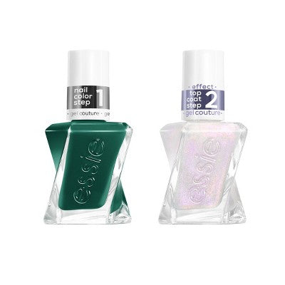 Two gel nail polish bottles, deep green color and pearly metallic top coat