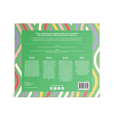Back of Golden Glow body cream set box with directions and ingredients details