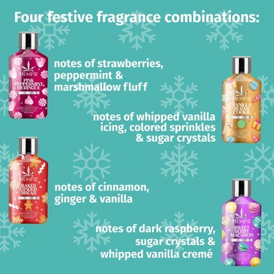 Hempz Sugar & Spice mini lotion bottle lineup with scent notes on blue background