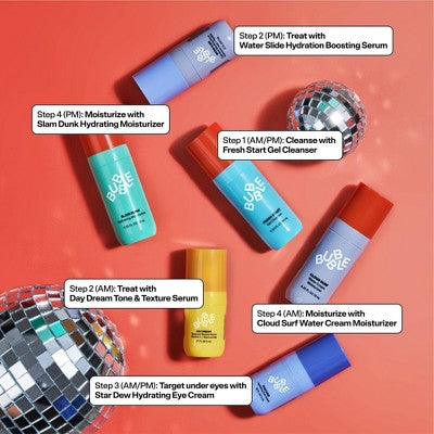 Six mini skincare bottles with colored caps arranged in step-by-step layout