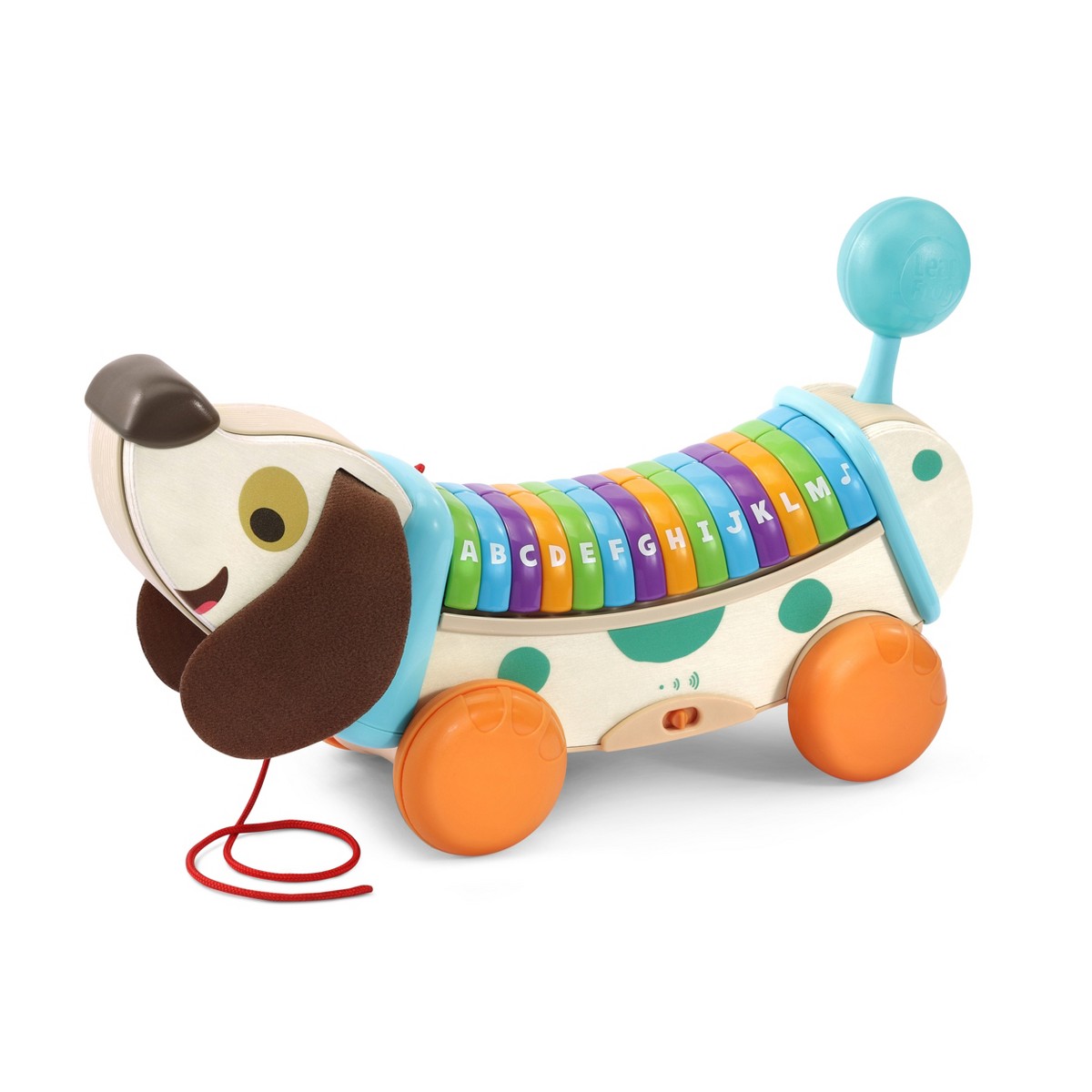 Wooden AlphaPup pull-along toy with dog head, rainbow alphabet rollers and pull cord
