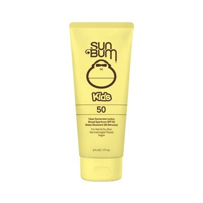 Yellow sunscreen tube labeled Kids SPF 50, clear sunscreen lotion with pump-top cap