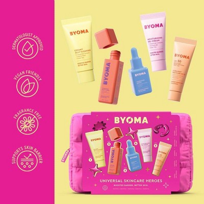 Universal skincare heroes gift set with makeup bag and five BYOMA skincare items