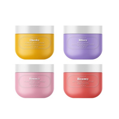 Four body cream tubs: Cheeky gold, Blissy purple, Bouncy pink, Beamy red