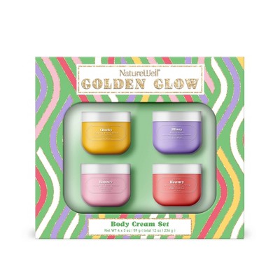 Golden Glow body cream set with four scented tubs in gold, purple, pink, and red