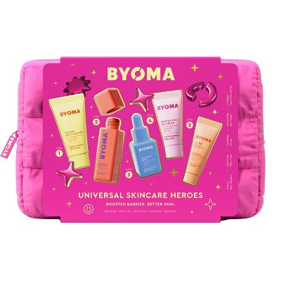 Universal skincare heroes gift set pouch with five BYOMA skincare products