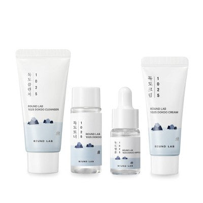 Round Lab Dokdo travel skincare set, two tubes and two bottles with white-blue labels